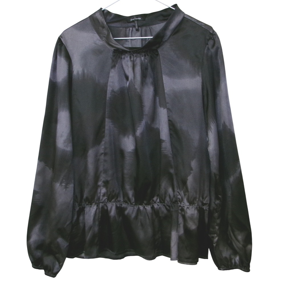 DASY FUENTES Black Satin Mock Neck Peplum Blouse Long Sleeve Large